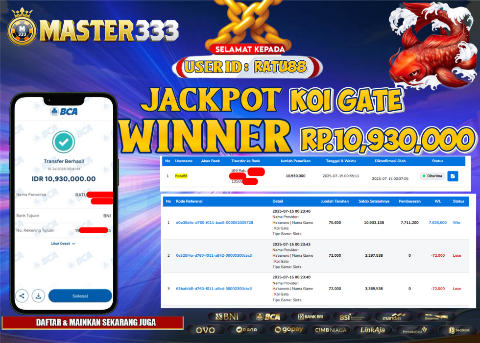 MASTER333 JACKPOT SLOT KOI GATE  Rp.10,930,000.,- LUNAS